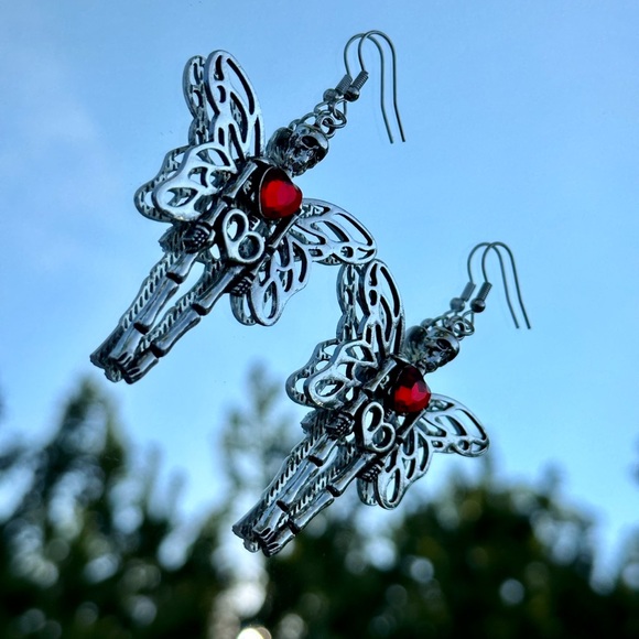 Halloween Earrings “Fairy Skeleton” Silver Red Heart Whimsy Goth Edgy Dangle New - Picture 5 of 12